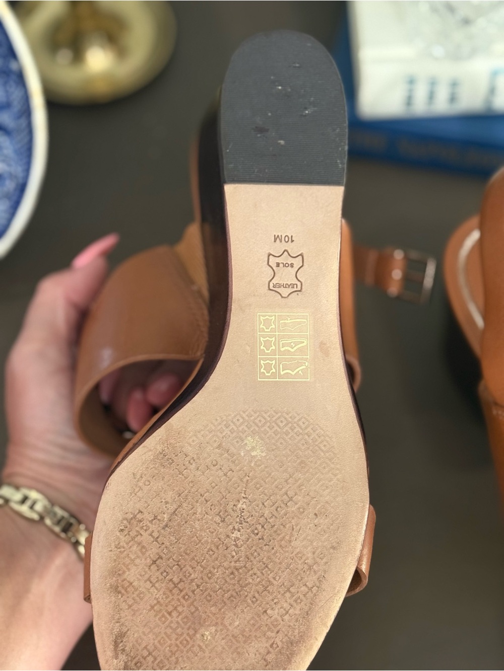 Tory Burch Miller Gold Logo 65mm Leather Wedge Sandals Tan Brown Women’s 10M - Picture 9 of 11